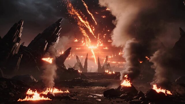 Demonic iron gates opening to reveal fiery hellish landscape. Dark fantasy underworld with smoke and flames. Forward camera movement.