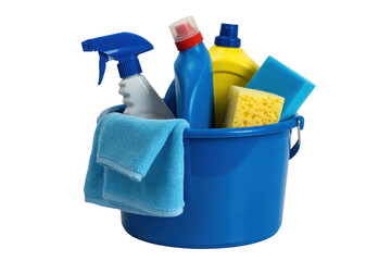 Blue Bucket with Cleaning Supplies isolated on a transparent background