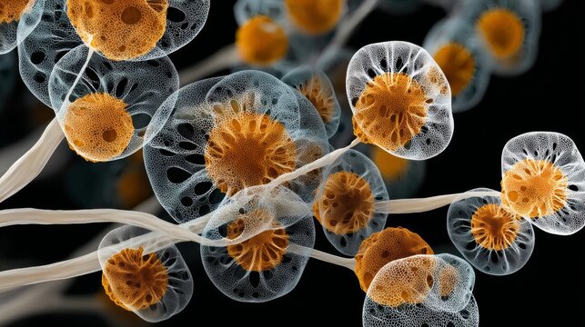 Microscopic view of nucleoplasm showcasing intricate organic molecules and proteins, featuring vibrant orange and translucent structures, illuminated with softbox studio lighting for enhanced detail a