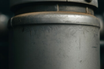 Close-up of a weathered, industrial metal pipe or cylinder with a rough, textured surface.