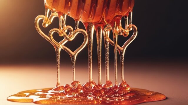 Golden honey drips from a dipper, forming heart shapes and pooling, beautifully illuminated by warm backlighting against a dark, soft-focus background. - Powered by Adobe
