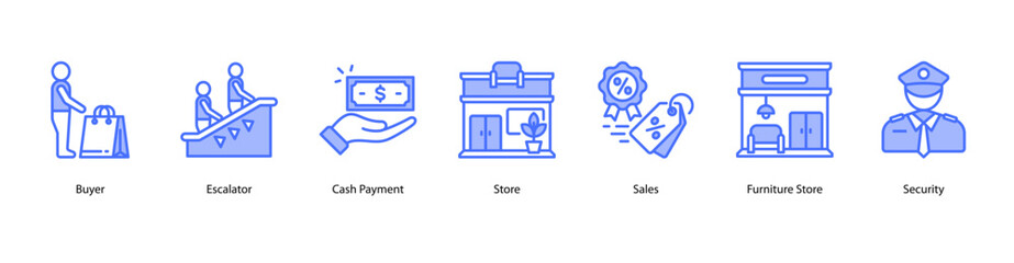 Fototapeta premium Store Operations web banner vector illustration featuring Buyer, Escalator, Cash Payment, Store, Sales, Furniture Store, and Security.