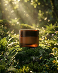 Amber cosmetic cream jar mockup on mossy rock in sunny magical forest setting