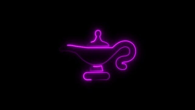 Purple Neon Outline of a Genie Lamp on a Black Background magic lamp aladdin