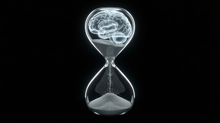 Conceptual 3D hourglass with a brain shaped top bulb where grey matter turns into dust as it falls representing time and Dementia.

