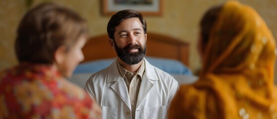 A kind doctor consults with two patients, providing comfort, and expertise in a warm, inviting setting, filled with gentle light and a sense of trust and empathy.