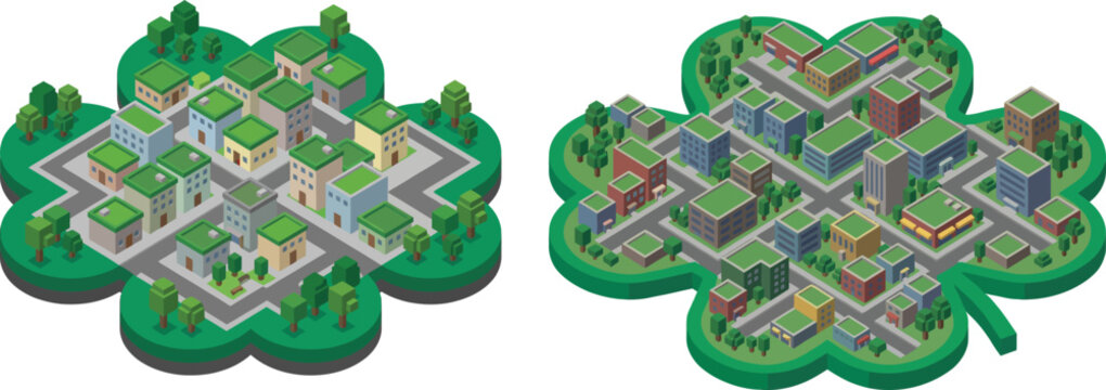 Isometric Vector Illustration of Miniature City Built on Four Leaf Clover Island. Green Urban Eco Town Concept