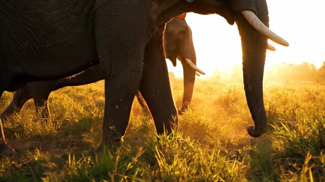 Golden Sunrise Encounter: Two majestic elephants traverse a sun-drenched savanna, their silhouettes creating a powerful tableau against the warm, golden hues of dawn.