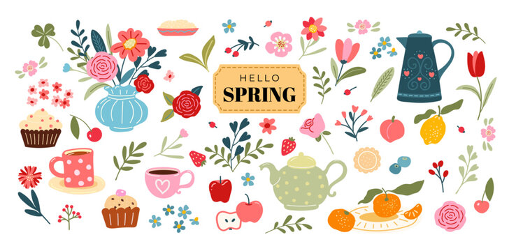 spring flowers, fruits and tea set of decorative elements, naive style, creative, doodle, cute food  vector illustration 