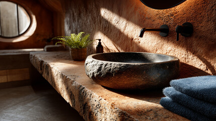 Japanese Wabi-Sabi Bathroom with Textured Terracotta Walls, Black Stone Basin, and Skylight Geometric Patterns