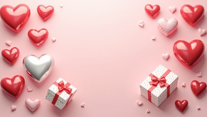 a frame of hearts and gift boxes