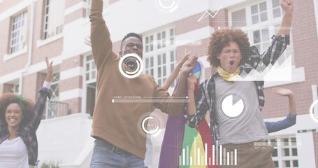 Cheering students in casual clothes and scarf holding rainbow flag at brick steps with data overlay