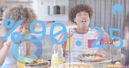 Eating couple in casual clothes at table in kitchen, with plates, yellow bottle and AR overlay