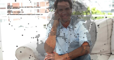 Leaning man wearing light-blue shirt and jeans on beige sofa by window, with dotted map overlay