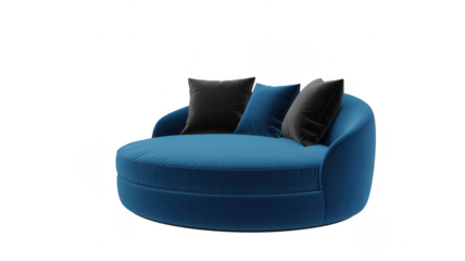 Blue Velvet Sofa with Black Pillows blue sofa modern furniture isolated on a transparent background