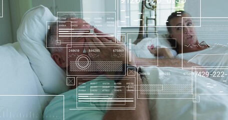 Reclining senior holding tissue over eyes on pillow, woman in white tank with phone, AR overlay