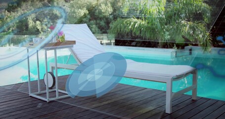 Featuring white cushioned chaise lounge extending toward right on dark deck, with turquoise pool