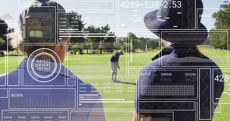 Watching two golfers wearing cap and sun hat with polos at golf course, flagstick, HUD overlays