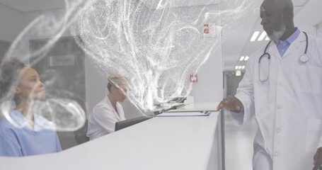 Reaching physician in white coat extending hand toward clinic desk with stethoscope, copy space