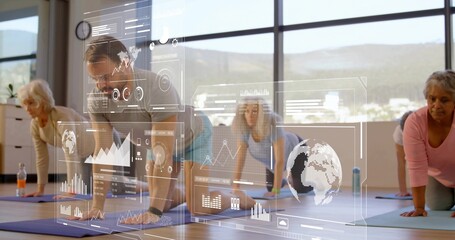 Holding group of five doing forearm planks in bright studio with mats, leggings, holographic data