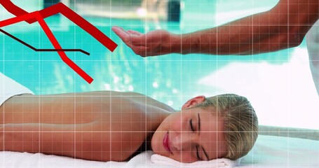 Receiving client lying on massage table at pool, with therapist in uniform and graphic overlays