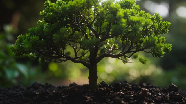 Bonsai tree growing rapidly from dark soil in sunlit garden. Time-lapse video with tilting camera movement.