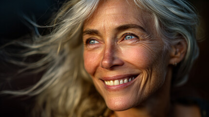 Cinematic Portrait of Laughing Elderly Woman with Wise Eyes and Silver Hair in Golden Hour Sunlight