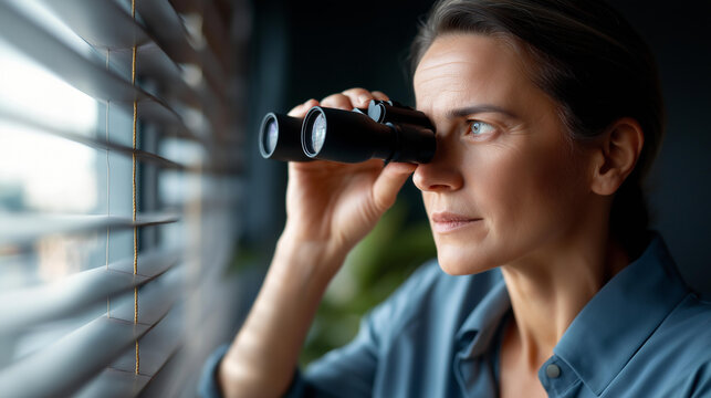 Defocused suspicious person with binoculars spying through window blinds covert observation surveillance activity secretive watching privacy invasion concept with copy space