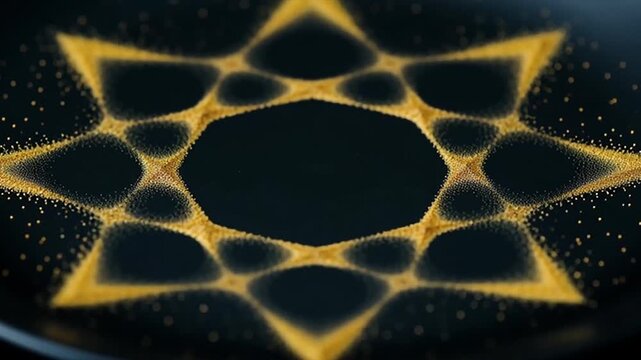 Abstract golden geometric starburst pattern with glowing particles on a dark background