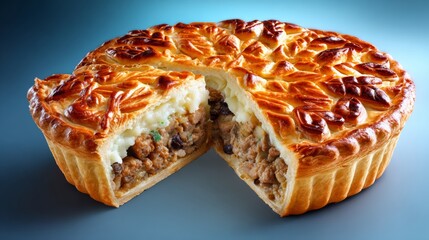 Beautifully decorated pie with golden brown crust and intricate patterns, partially sliced to reveal rich meat filling, perfect for festive gatherings or culinary displays with copy space
