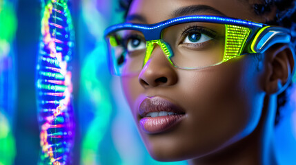 Futuristic Researcher Analyzing Holographic DNA Strand in High-Tech Lab with Cinematic Sci-Fi Lighting