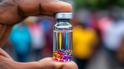 Close-Up of Vaccination Vial Held in Hand with Light Reflection of Diverse Crowd in Glass, Symbolizing Global Health