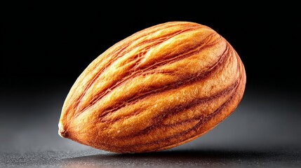 Almond nut with a textured brown shell, displayed on a black background, showcasing intricate details and natural patterns, ideal for food photography and culinary presentations