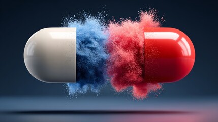 Ultra-hyperrealistic shot of a two-piece pharmaceutical capsule, one half white and the other red, suspended in mid-air with colorful powder bursting from the split, showcasing vibrant textures and de