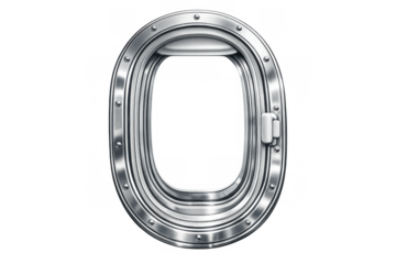 Metallic airplane window frame with transparent background, showcasing travel concept and aviation design
