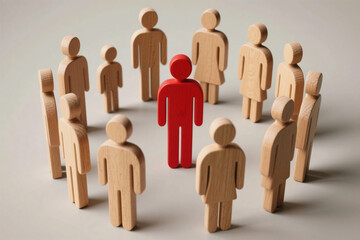 3D render of symbolic wooden human figures with a red standout character in the middle, representing individuality, family conflict, parenting authority, and social dynamics in a modern conceptual