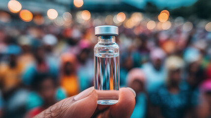 Close-Up of Vaccination Vial Held in Hand with Light Reflection of Diverse Crowd in Glass, Symbolizing Global Health