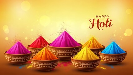 Happy holi background with several bowls filled with colorful powdered gulal in yellow light