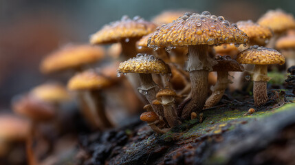 Macro Shot of Vibrant Medicinal Fungi Growing on Bark with Dew Droplets and Morning Forest Light