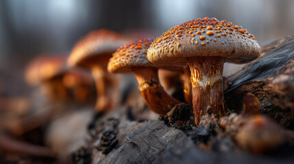 Macro Shot of Vibrant Medicinal Fungi Growing on Bark with Dew Droplets and Morning Forest Light