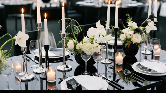 Elegant black and white formal event table setting with candles and flowers.