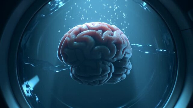 Human brain submerged in laundry appliance during cleaning cycle. Close-up view of brainwashing metaphor.