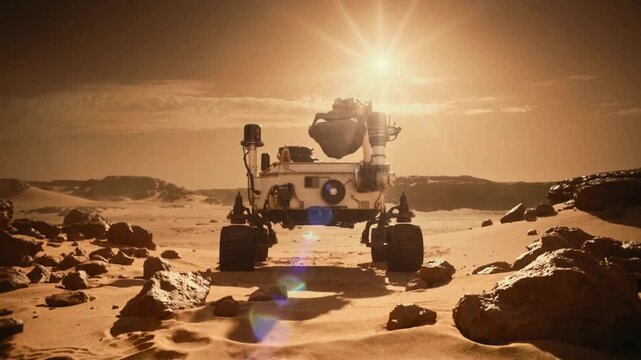 Mars rover collecting rock sample on red planet surface. Wide shot of robotic explorer using mechanical arm during mission.