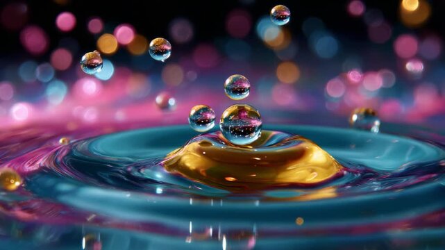 A captivating close-up view of water droplets splashing over a colorful surface, creating mesmerizing ripples and a dazzling array of vibrant reflections, capturing the beauty of fluid motion and