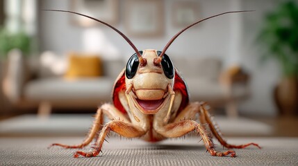 Happy anthropomorphic cockroach with large eyes and a wide smile is standing on a living room floor, showcasing a bright and cheerful atmosphere with soft furnishings and greenery in the background