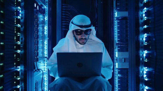 Network engineer wearing traditional thobe managing data center infrastructure. Panning shot of IT professional using laptop between server racks.