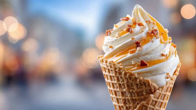 Vanilla Ice Cream Delight: A close-up shot of a delectable vanilla ice cream cone with caramel drizzle and crunchy toppings. It's a perfect blend of creamy, sweet, and satisfying textures.