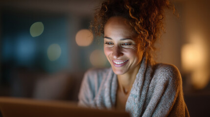 Over-the-Shoulder Shot of Person Laughing on Video Call, Tablet Screen Glow on Face, Soft Evening Indoor Lighting, Joyful Mood.