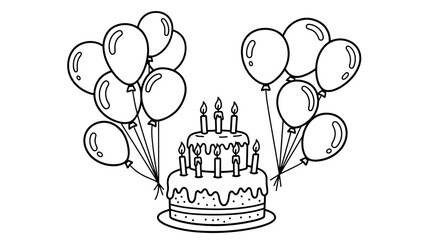 Obraz premium Black and white birthday cake with balloons illustration.