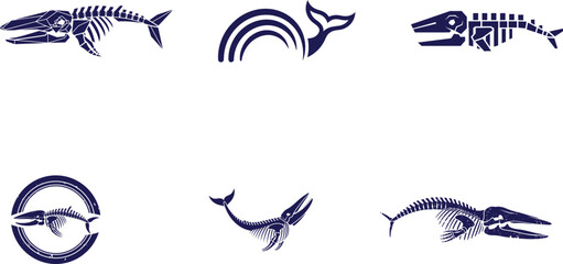 whale and fish skeleton silhouettes with rainbow arc  marine life icons © Saidurra12